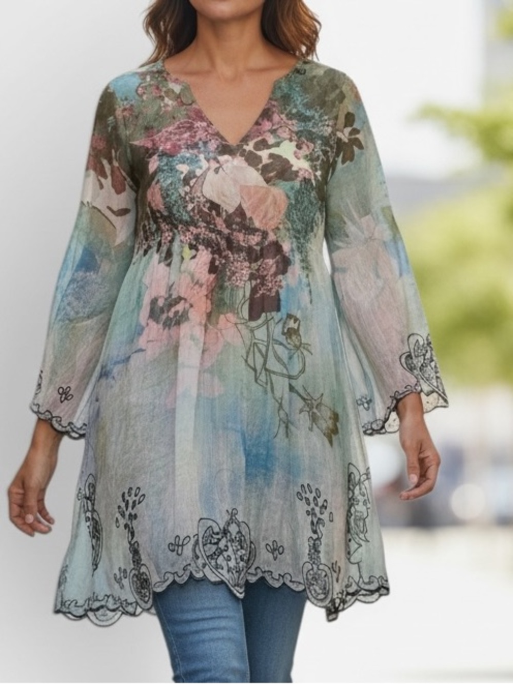 Mushka Sienna Rose Floral Watercolor V-Neck Tunic Top Pastel Blue/Green SZ L EUC - Picture 4 of 12